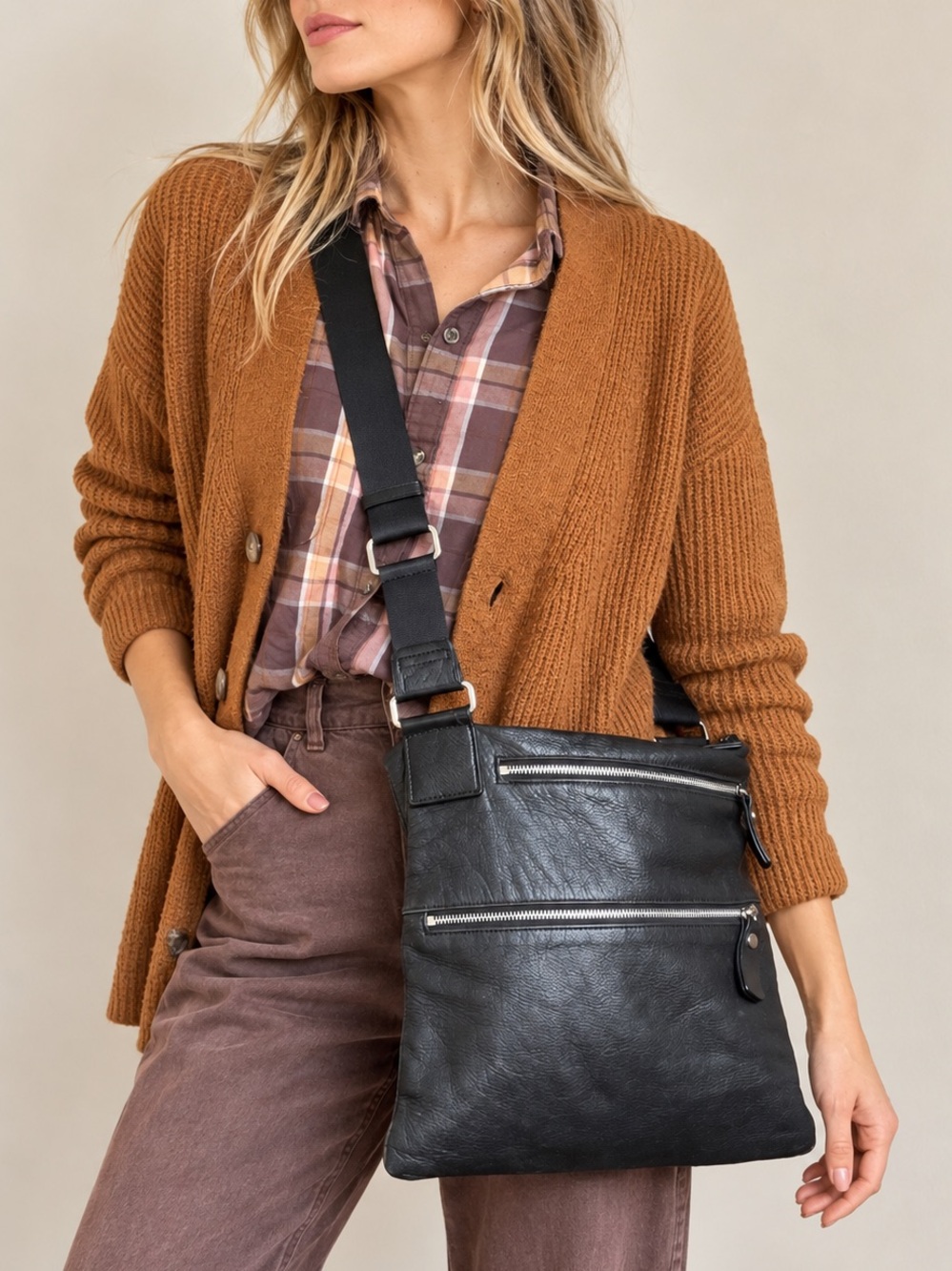 Margot Black Soft Leather Large Crossbody Handbag